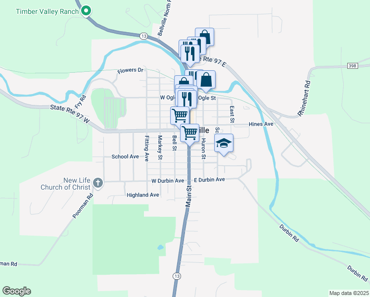 map of restaurants, bars, coffee shops, grocery stores, and more near 174 Main Street in Bellville