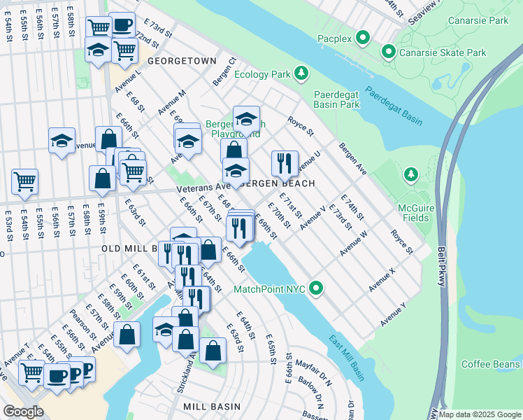 map of restaurants, bars, coffee shops, grocery stores, and more near 2101 East 69th Street in Brooklyn