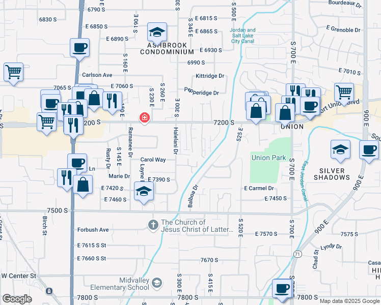 map of restaurants, bars, coffee shops, grocery stores, and more near 7318 Union View Place in Midvale