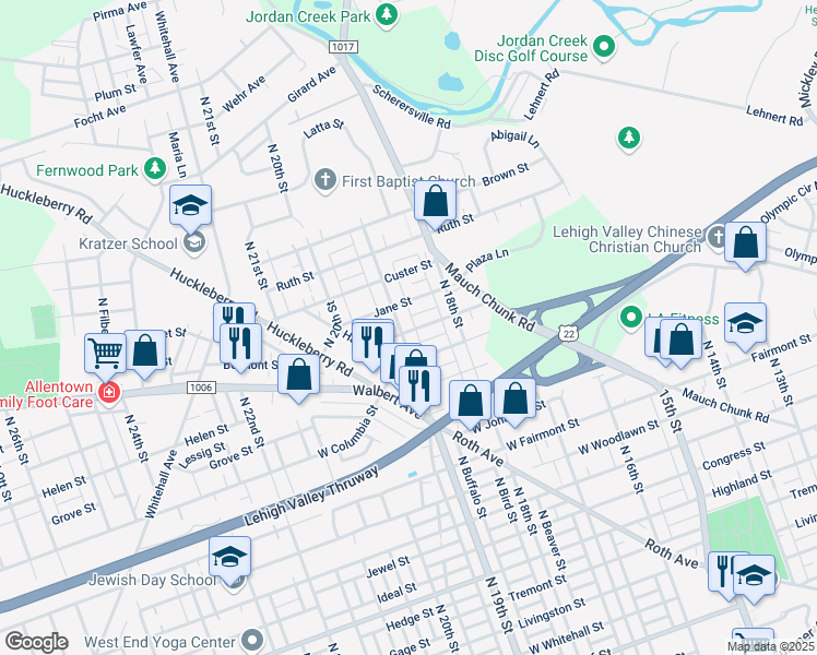 map of restaurants, bars, coffee shops, grocery stores, and more near 1531 North 19th Street in Allentown
