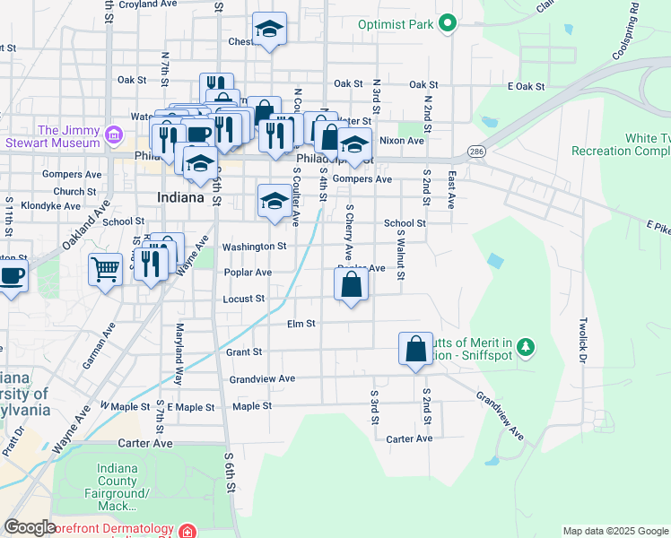 map of restaurants, bars, coffee shops, grocery stores, and more near 310 Poplar Avenue in Indiana