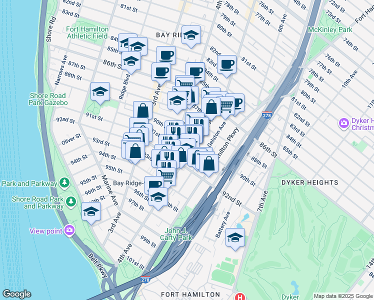 map of restaurants, bars, coffee shops, grocery stores, and more near 9115 5th Avenue in Brooklyn