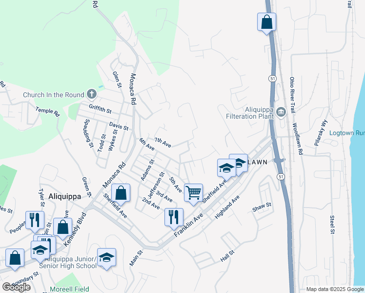 map of restaurants, bars, coffee shops, grocery stores, and more near 174 Montini Street in Aliquippa