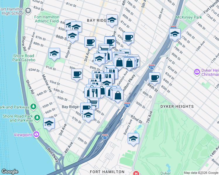 map of restaurants, bars, coffee shops, grocery stores, and more near 9009 5th Avenue in Brooklyn