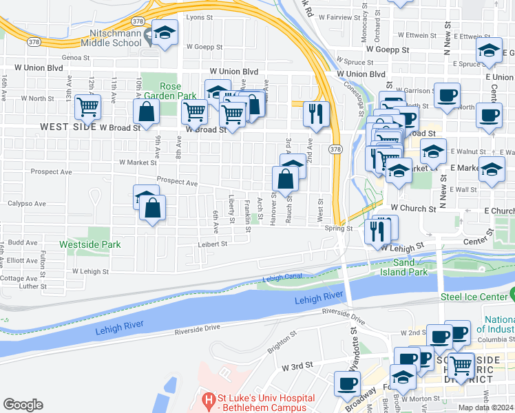 map of restaurants, bars, coffee shops, grocery stores, and more near 331 Arch Street in Bethlehem
