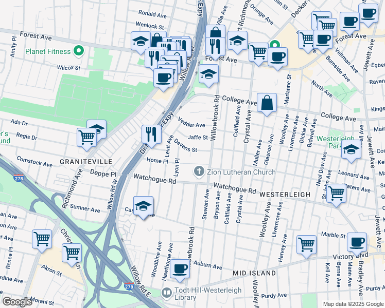 map of restaurants, bars, coffee shops, grocery stores, and more near 39 Home Place in Staten Island