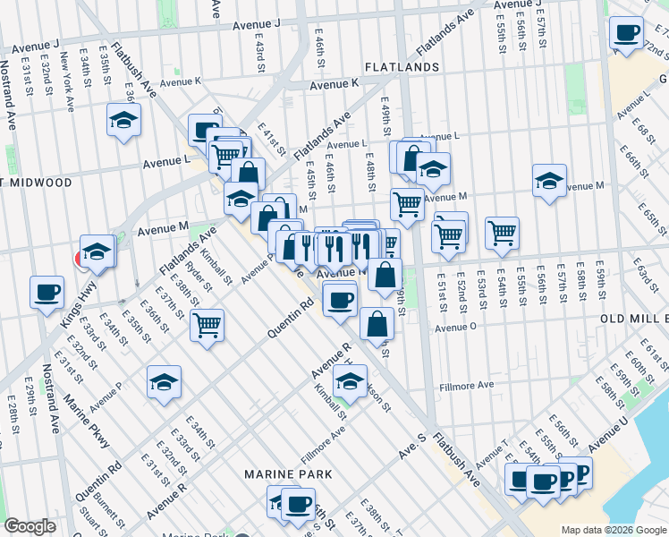 map of restaurants, bars, coffee shops, grocery stores, and more near 4602 Avenue N in Brooklyn