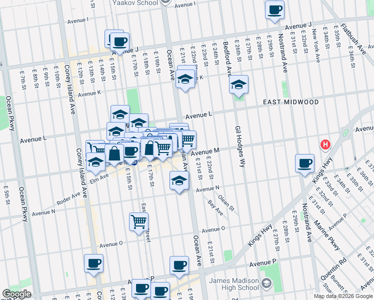 map of restaurants, bars, coffee shops, grocery stores, and more near 2010 Avenue M in Brooklyn