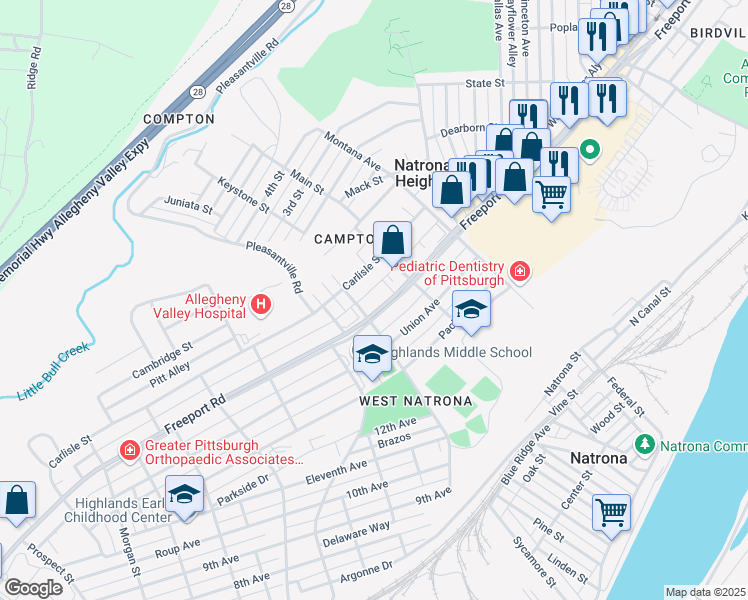 map of restaurants, bars, coffee shops, grocery stores, and more near 1415 Freeport Road in Natrona Heights