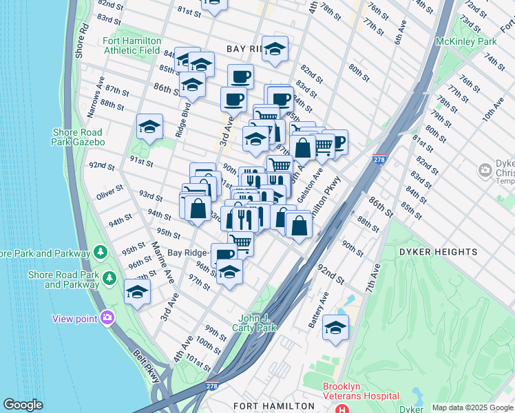 map of restaurants, bars, coffee shops, grocery stores, and more near 9115 5th Avenue in Brooklyn