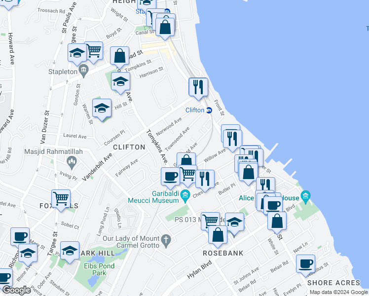 map of restaurants, bars, coffee shops, grocery stores, and more near 86 Greenfield Avenue in Staten Island
