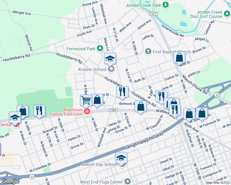map of restaurants, bars, coffee shops, grocery stores, and more near 1661 Whitehall Avenue in Allentown