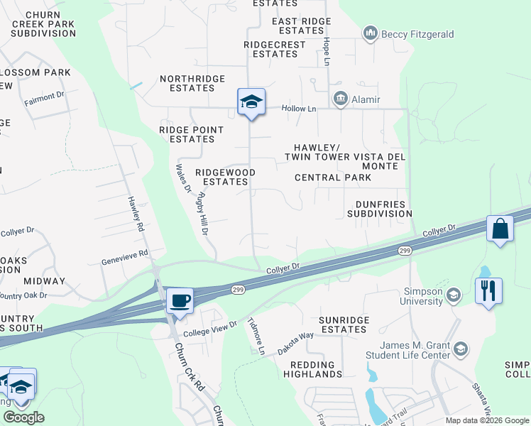 map of restaurants, bars, coffee shops, grocery stores, and more near 19274 Azar Lane in Redding