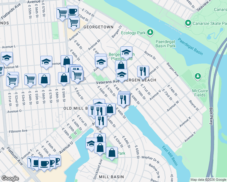 map of restaurants, bars, coffee shops, grocery stores, and more near 2051 East 67th Street in Brooklyn