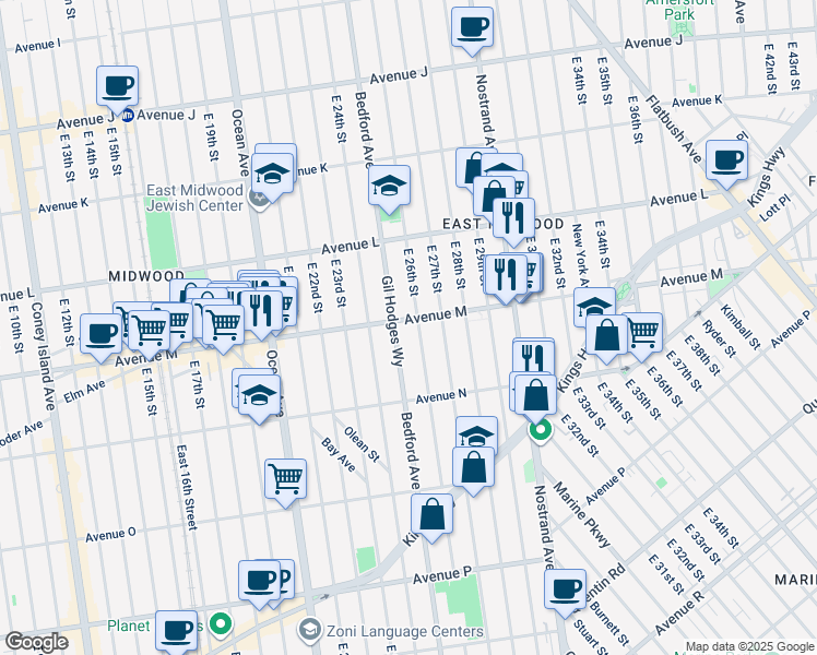 map of restaurants, bars, coffee shops, grocery stores, and more near 3441 Bedford Avenue in Brooklyn