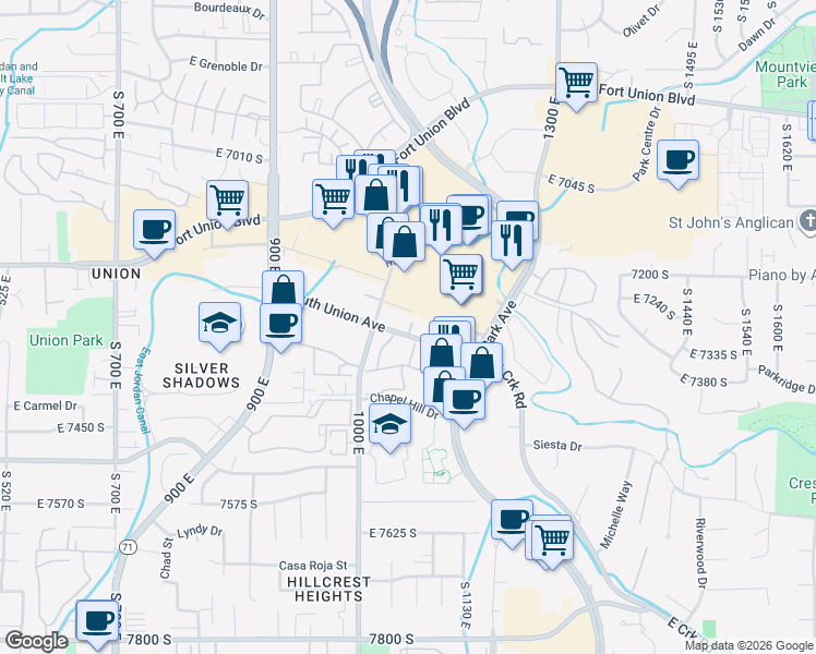 map of restaurants, bars, coffee shops, grocery stores, and more near 1052 South Union Avenue in Midvale