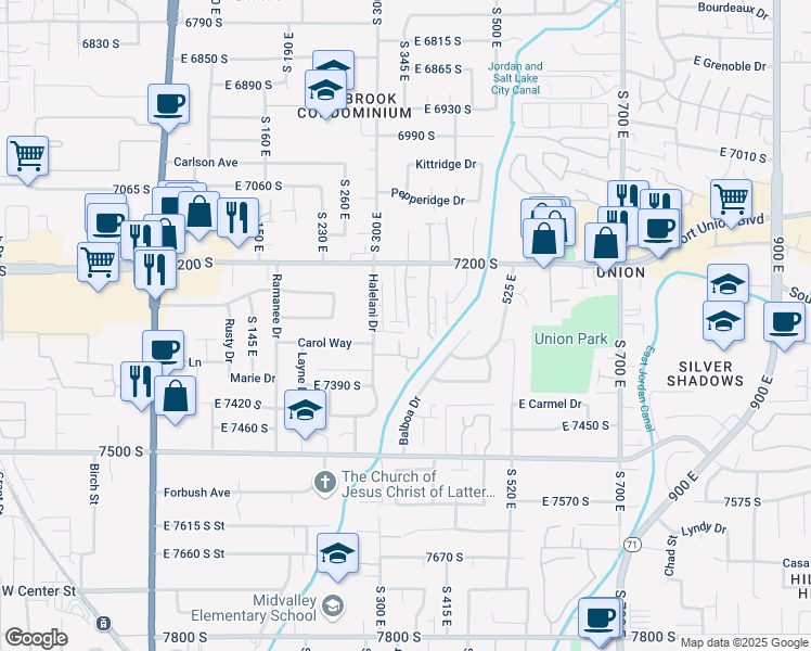 map of restaurants, bars, coffee shops, grocery stores, and more near 7318 Union View Place in Midvale