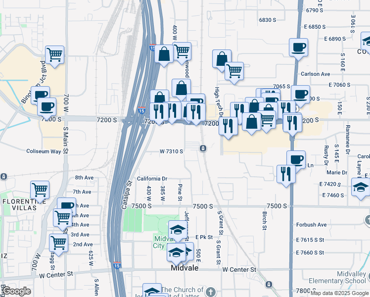 map of restaurants, bars, coffee shops, grocery stores, and more near 7314 Cottonwood Street in Midvale