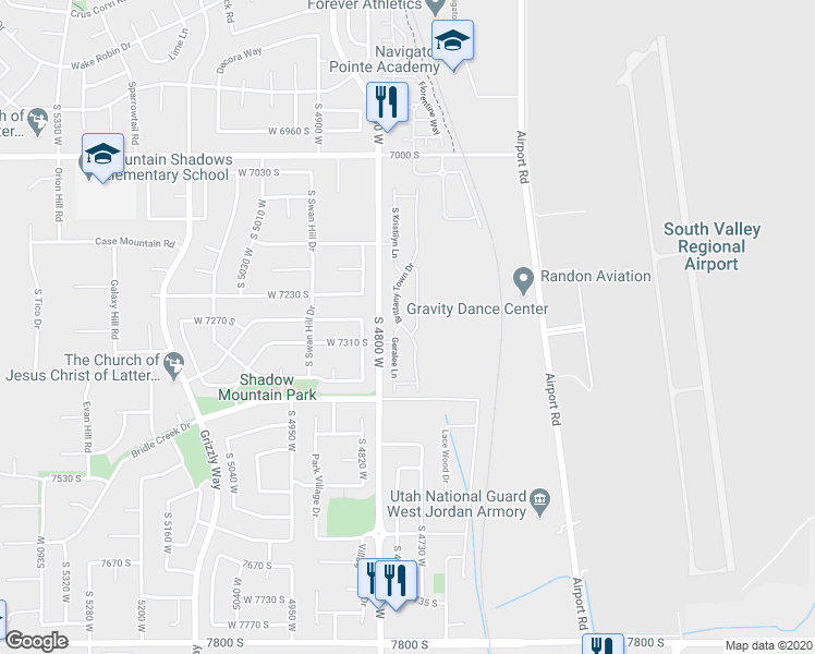 map of restaurants, bars, coffee shops, grocery stores, and more near 7304 Geralee Lane in West Jordan