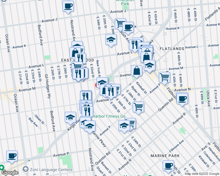 map of restaurants, bars, coffee shops, grocery stores, and more near 1497 East 34th Street in Brooklyn