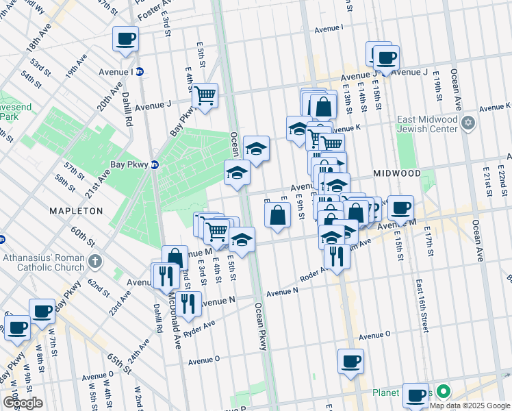 map of restaurants, bars, coffee shops, grocery stores, and more near 1226 Ocean Parkway Service Road in Brooklyn