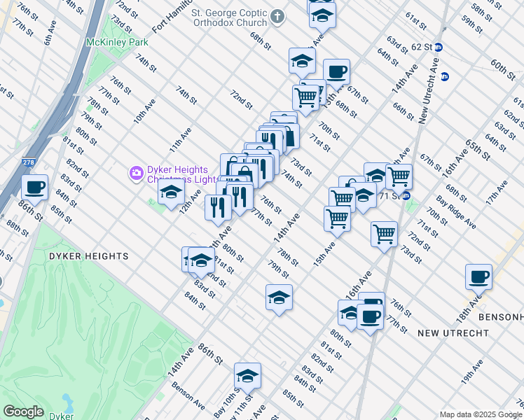 map of restaurants, bars, coffee shops, grocery stores, and more near 1357 77th Street in Brooklyn