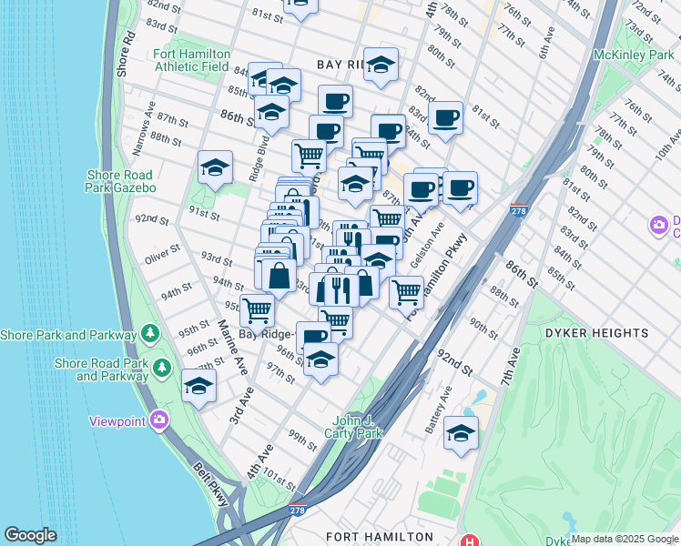 map of restaurants, bars, coffee shops, grocery stores, and more near 368 92nd Street in Brooklyn