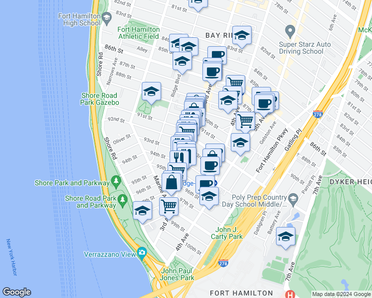 map of restaurants, bars, coffee shops, grocery stores, and more near 260 93rd Street in Brooklyn