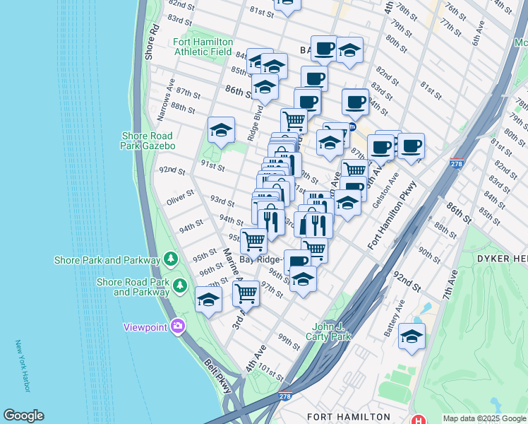 map of restaurants, bars, coffee shops, grocery stores, and more near 260 93rd Street in Brooklyn