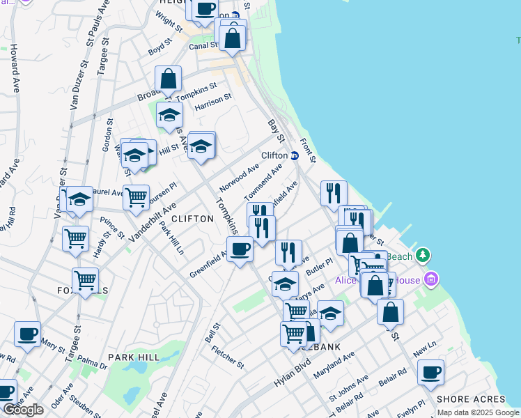 map of restaurants, bars, coffee shops, grocery stores, and more near 86 Greenfield Avenue in Staten Island