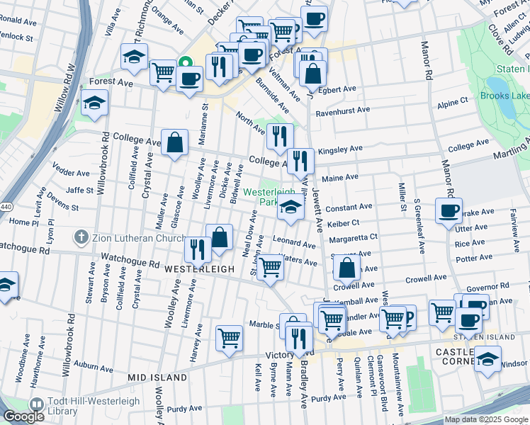 map of restaurants, bars, coffee shops, grocery stores, and more near 110 Lathrop Avenue in Staten Island