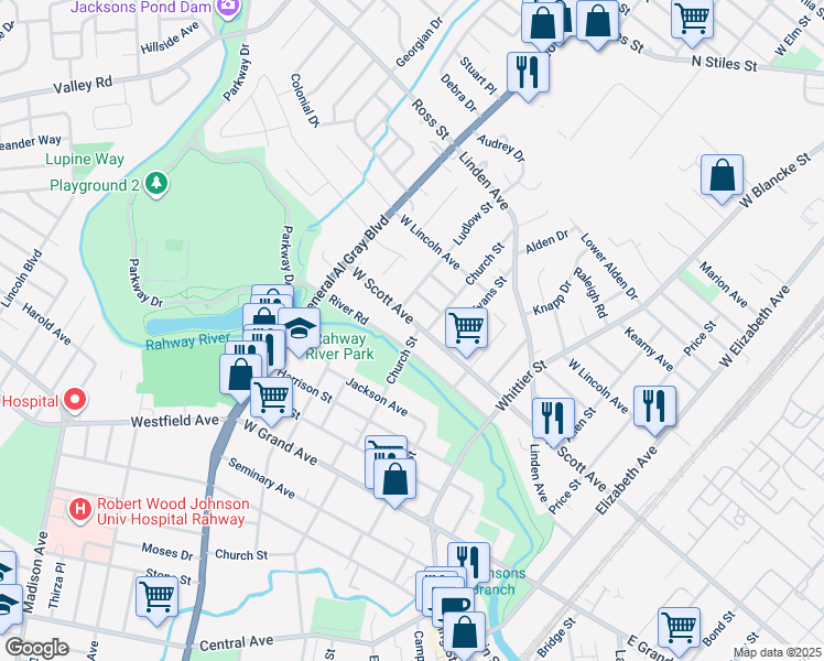 map of restaurants, bars, coffee shops, grocery stores, and more near 649 River Road in Rahway