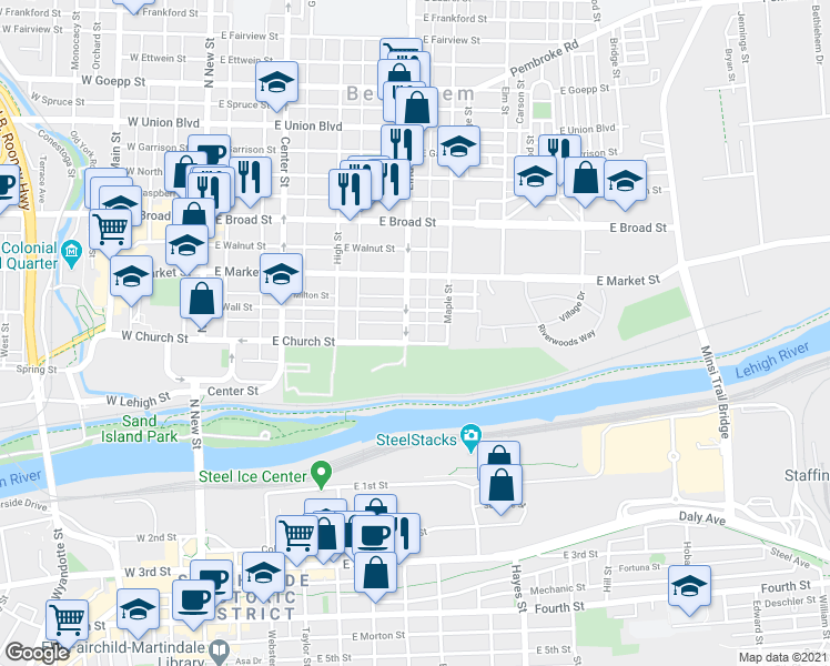 map of restaurants, bars, coffee shops, grocery stores, and more near 402 Linden Street in Bethlehem