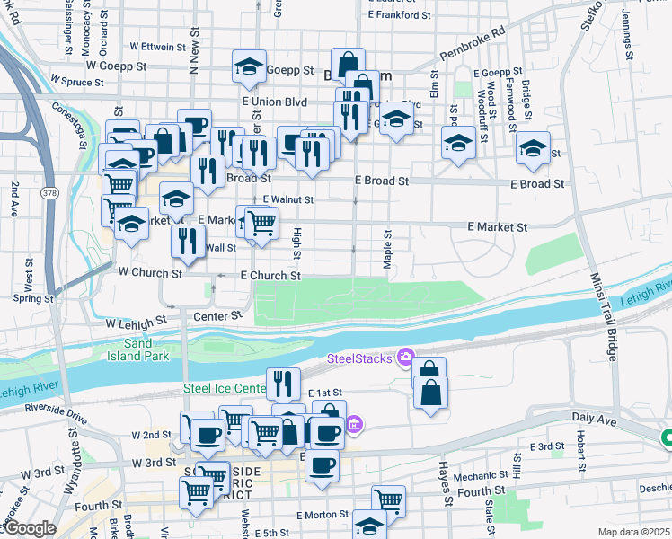map of restaurants, bars, coffee shops, grocery stores, and more near 229 East Church Street in Bethlehem