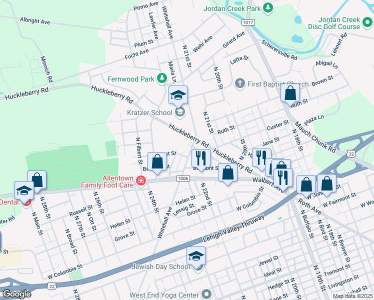 map of restaurants, bars, coffee shops, grocery stores, and more near 1661 Whitehall Avenue in Allentown