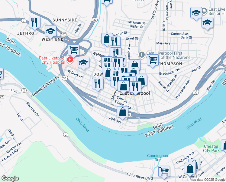 map of restaurants, bars, coffee shops, grocery stores, and more near 400 Market Street in East Liverpool