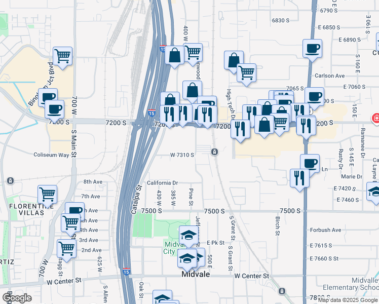 map of restaurants, bars, coffee shops, grocery stores, and more near 7340 Cottonwood Street in Midvale