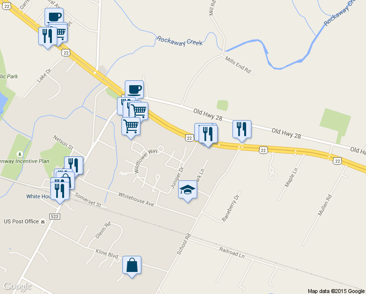 map of restaurants, bars, coffee shops, grocery stores, and more near 282 Morning Glory Court in Readington Township