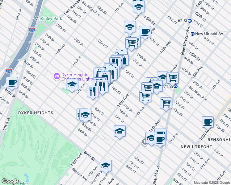 map of restaurants, bars, coffee shops, grocery stores, and more near 1357 77th Street in Brooklyn