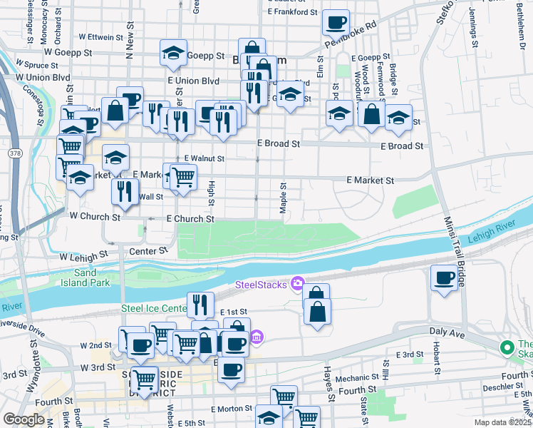 map of restaurants, bars, coffee shops, grocery stores, and more near 311 East Church Street in Bethlehem
