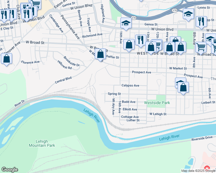 map of restaurants, bars, coffee shops, grocery stores, and more near 1807 Calypso Avenue in Bethlehem