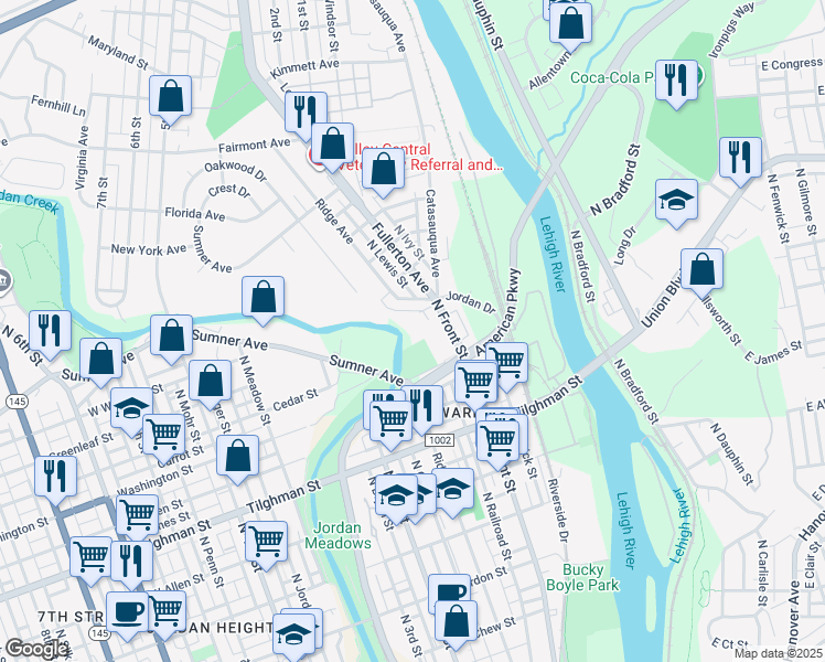 map of restaurants, bars, coffee shops, grocery stores, and more near 940 North Front Street in Allentown