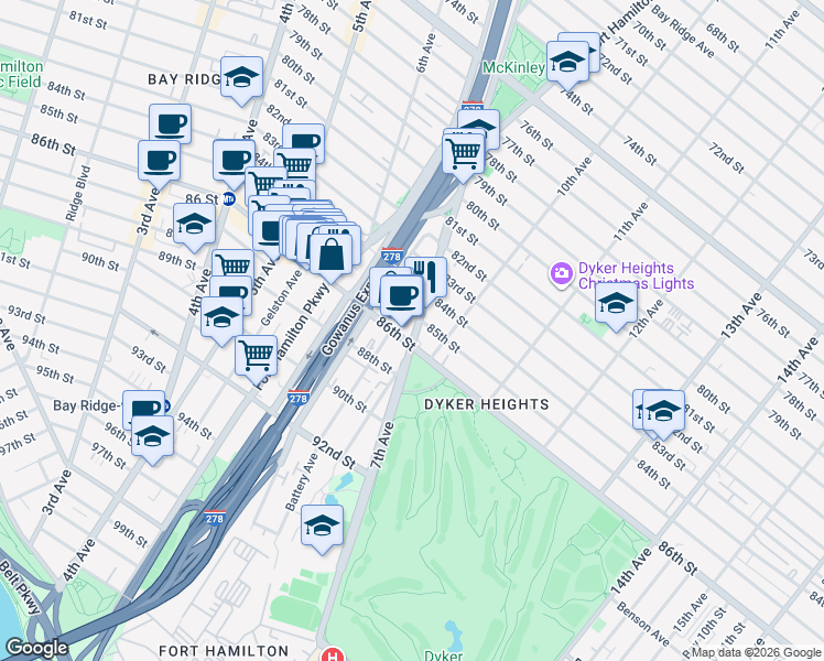 map of restaurants, bars, coffee shops, grocery stores, and more near 8516 10th Avenue in Brooklyn