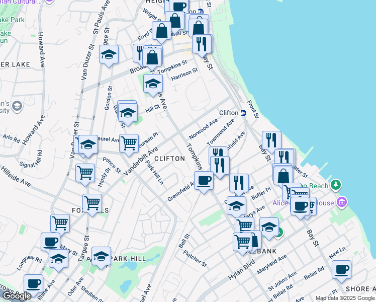map of restaurants, bars, coffee shops, grocery stores, and more near 232 Tompkins Avenue in Staten Island
