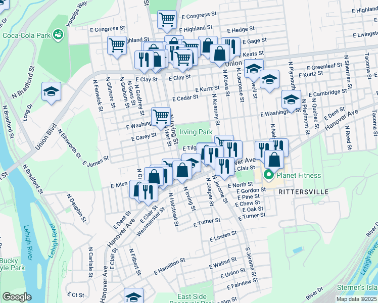 map of restaurants, bars, coffee shops, grocery stores, and more near 924 East Tilghman Street in Allentown