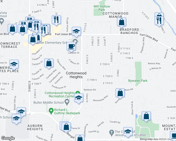 map of restaurants, bars, coffee shops, grocery stores, and more near 2744 East 7265 South in Cottonwood Heights