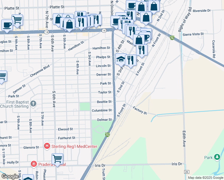map of restaurants, bars, coffee shops, grocery stores, and more near 730 South Division Avenue in Sterling