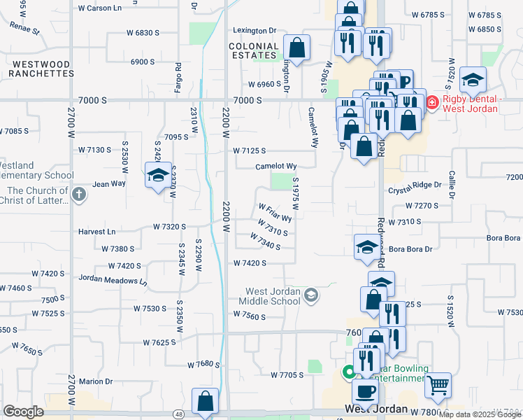 map of restaurants, bars, coffee shops, grocery stores, and more near 2103 West Friar Way in West Jordan