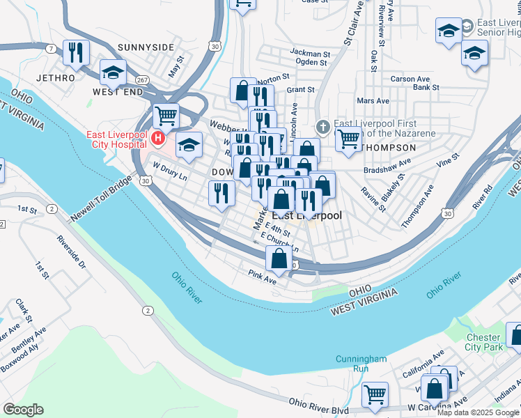map of restaurants, bars, coffee shops, grocery stores, and more near 419 Market Street in East Liverpool