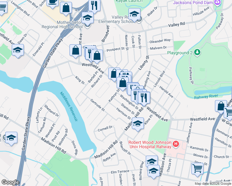 map of restaurants, bars, coffee shops, grocery stores, and more near 9 Kathryn Street in Clark